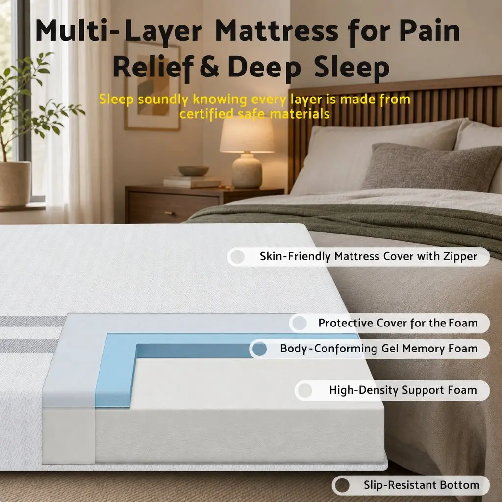 Double Bed Frame Tufted Wing Headboard Grey with Memory Foam Mattress Medium
