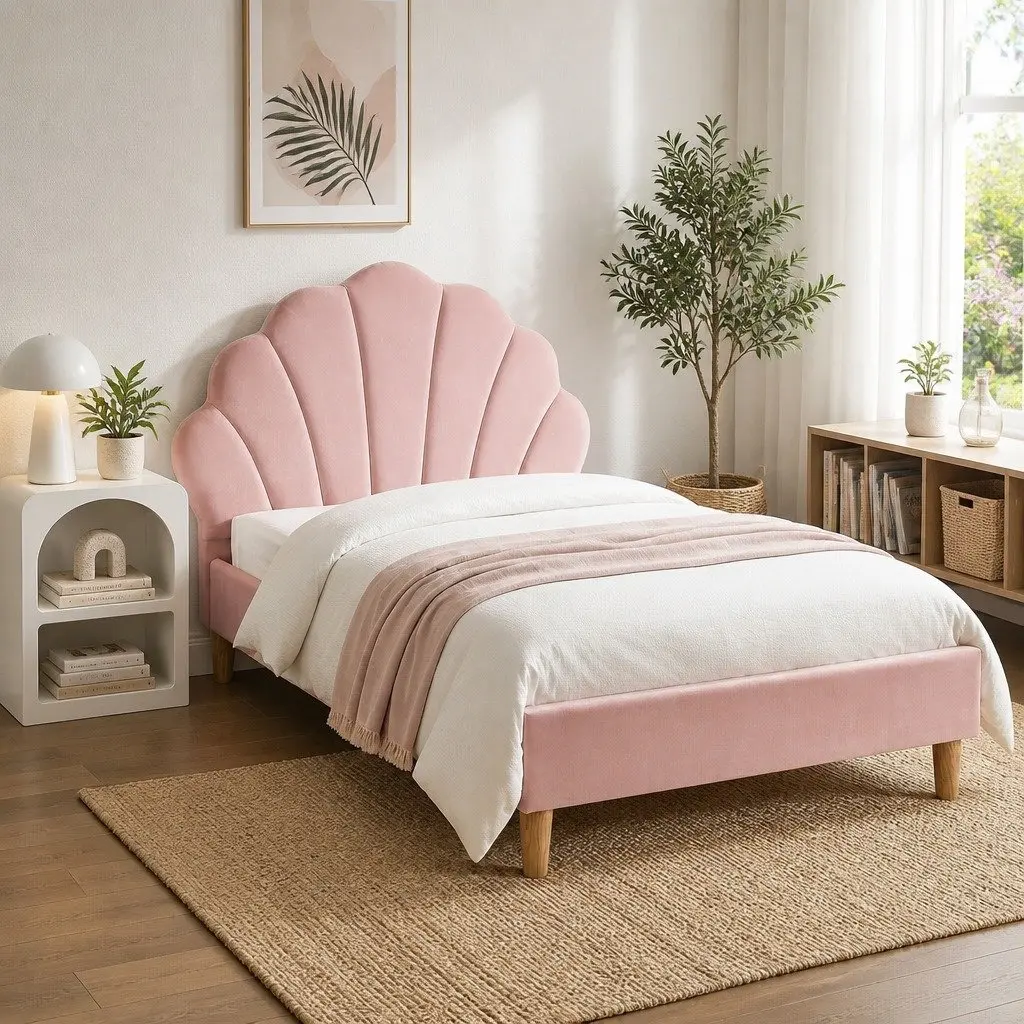 King Single Bed Frame with Scallop Headboard and Matching Bedside Table Storage Pink Velvet Upholstered Wooden Construction