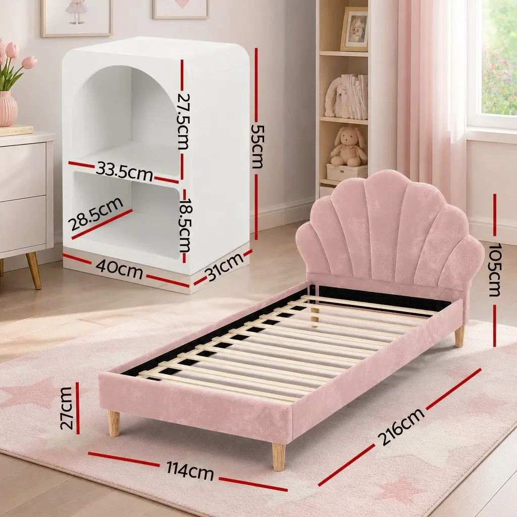 King Single Bed Frame with Scallop Headboard and Matching Bedside Table Storage Pink Velvet Upholstered Wooden Construction