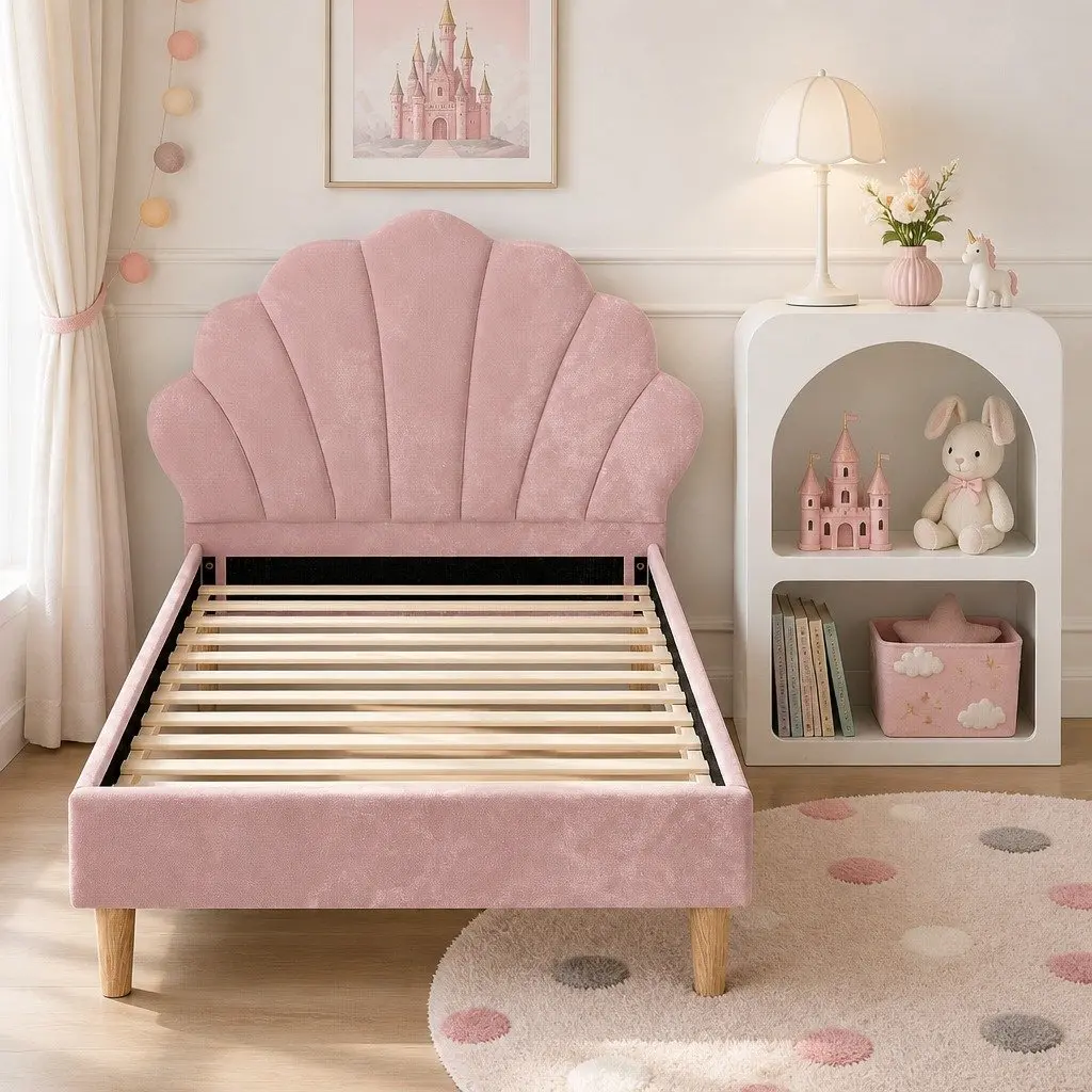King Single Bed Frame with Scallop Headboard and Matching Bedside Table Storage Pink Velvet Upholstered Wooden Construction