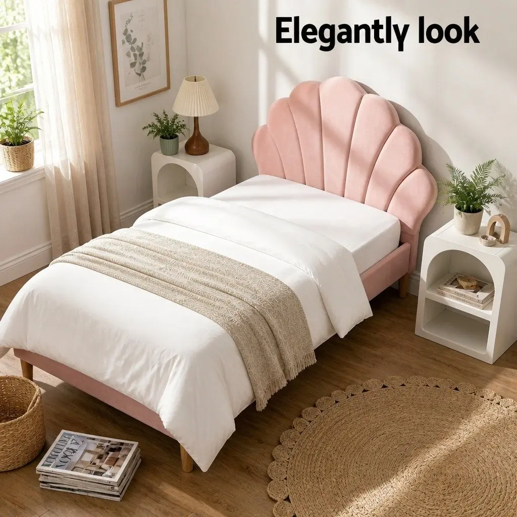 King Single Bed Frame with Scallop Headboard and Matching Bedside Table Storage Pink Velvet Upholstered Wooden Construction