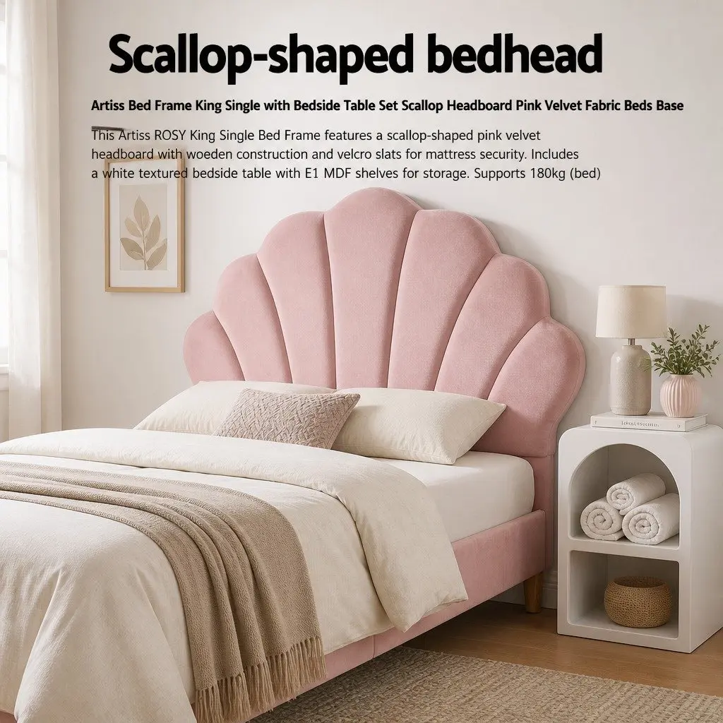 King Single Bed Frame with Scallop Headboard and Matching Bedside Table Storage Pink Velvet Upholstered Wooden Construction