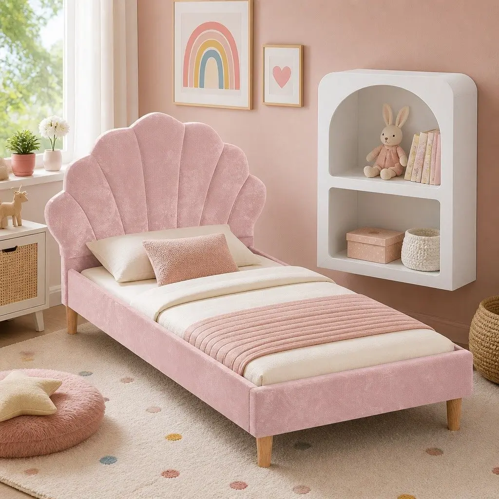 King Single Bed Frame with Scallop Headboard and Matching Bedside Table Storage Pink Velvet Upholstered Wooden Construction