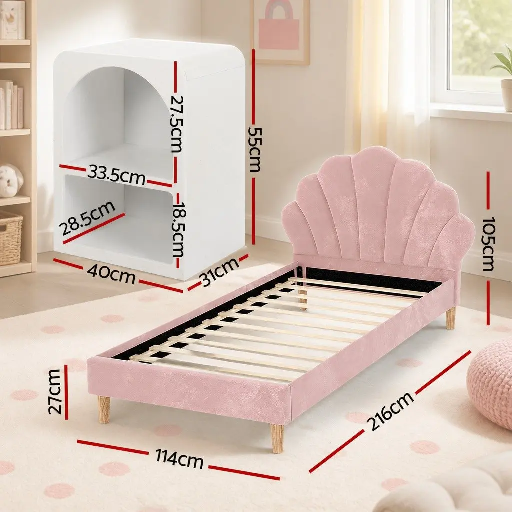 King Single Bed Frame Scallop Headboard Pink Velvet with 2 Bedside Tables