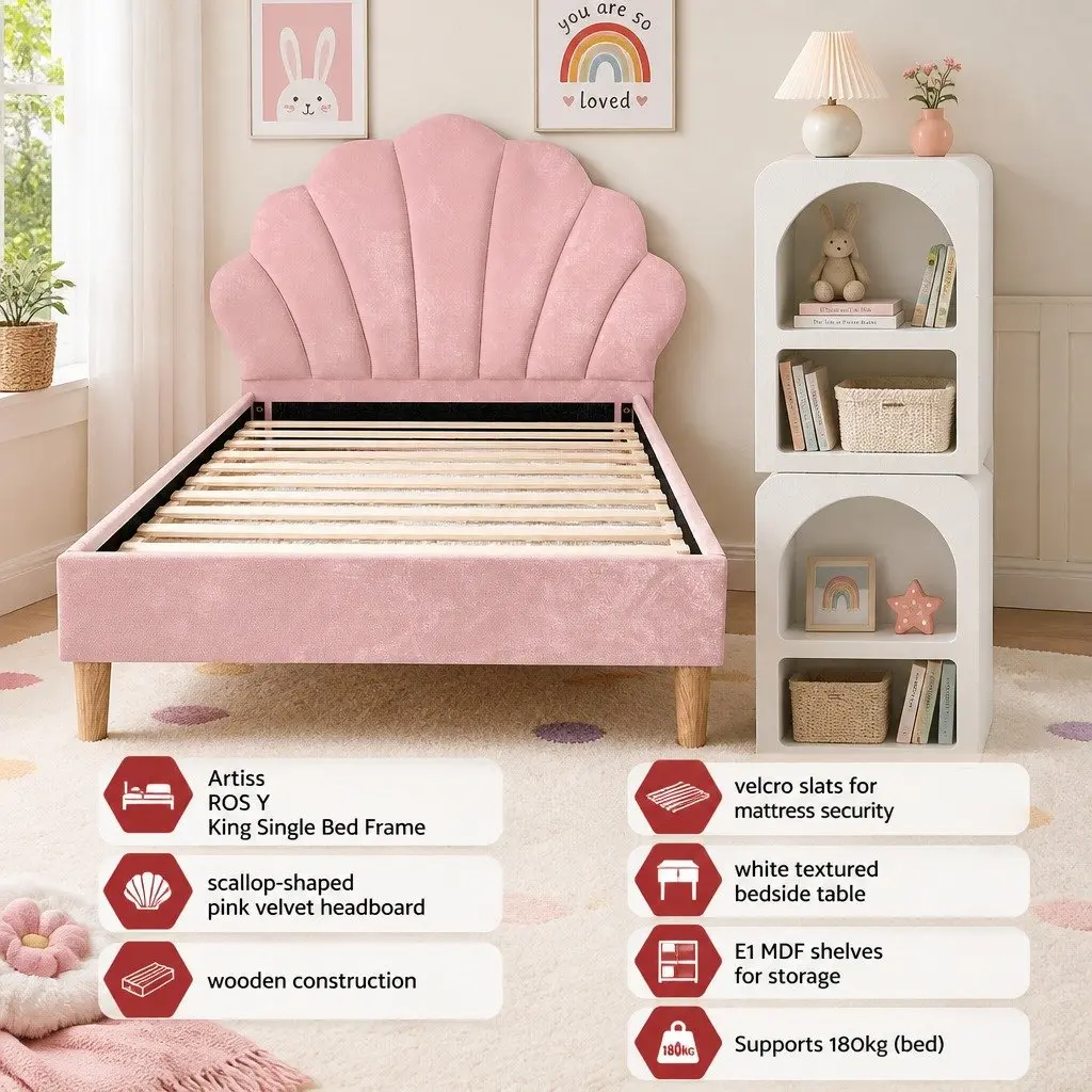 King Single Bed Frame Scallop Headboard Pink Velvet with 2 Bedside Tables