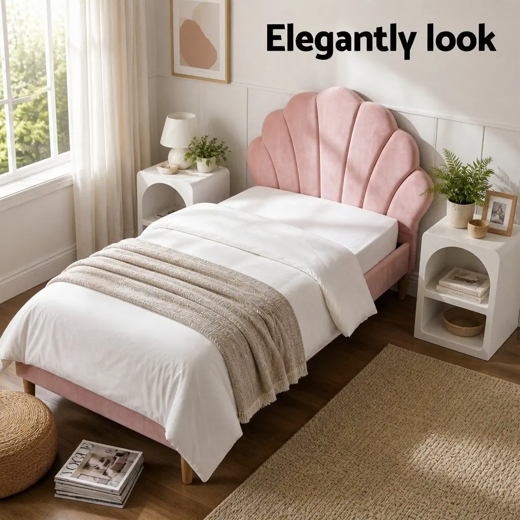 King Single Bed Frame Scallop Headboard Pink Velvet with 2 Bedside Tables