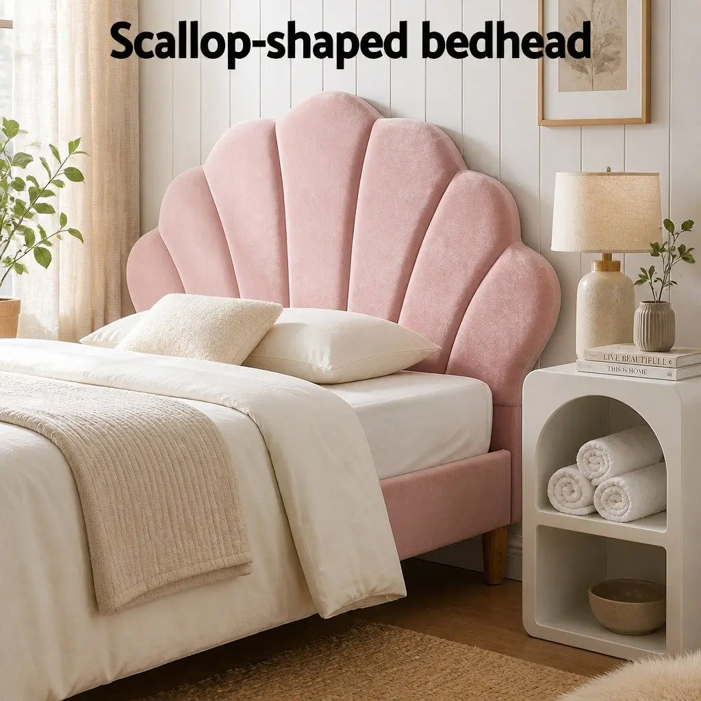 King Single Bed Frame Scallop Headboard Pink Velvet with 2 Bedside Tables