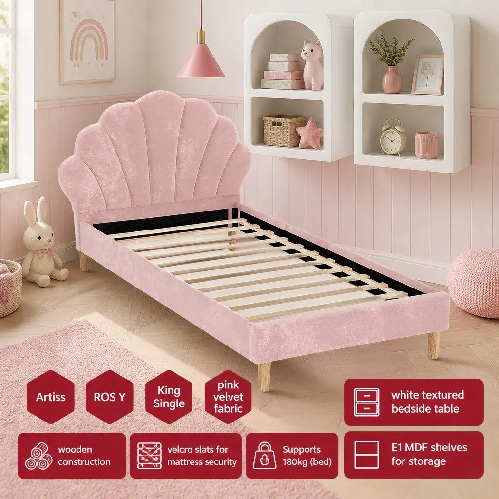 King Single Bed Frame Scallop Headboard Pink Velvet with 2 Bedside Tables