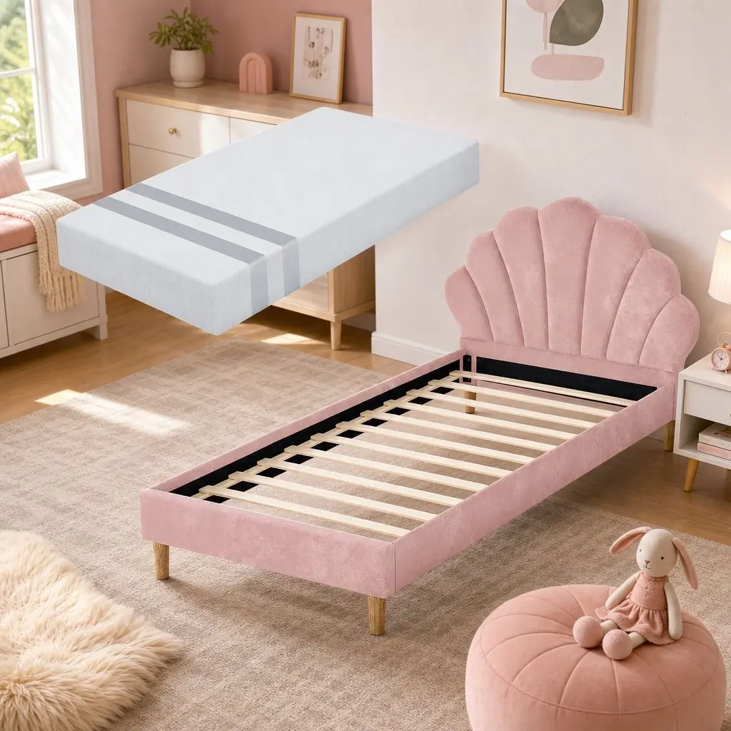 King Single Bed Frame with Scallop Pink Velvet and 20cm Memory Foam Mattress