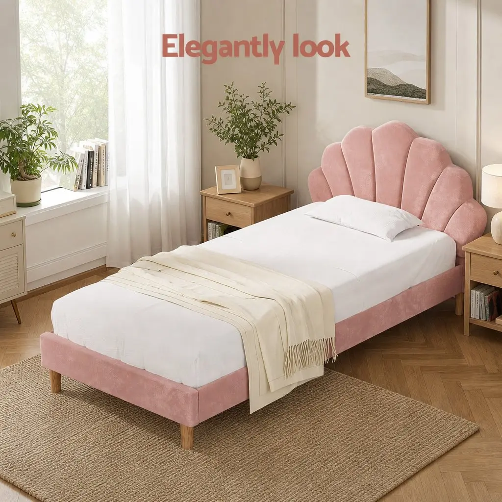 King Single Bed Frame with Scallop Pink Velvet and 20cm Memory Foam Mattress