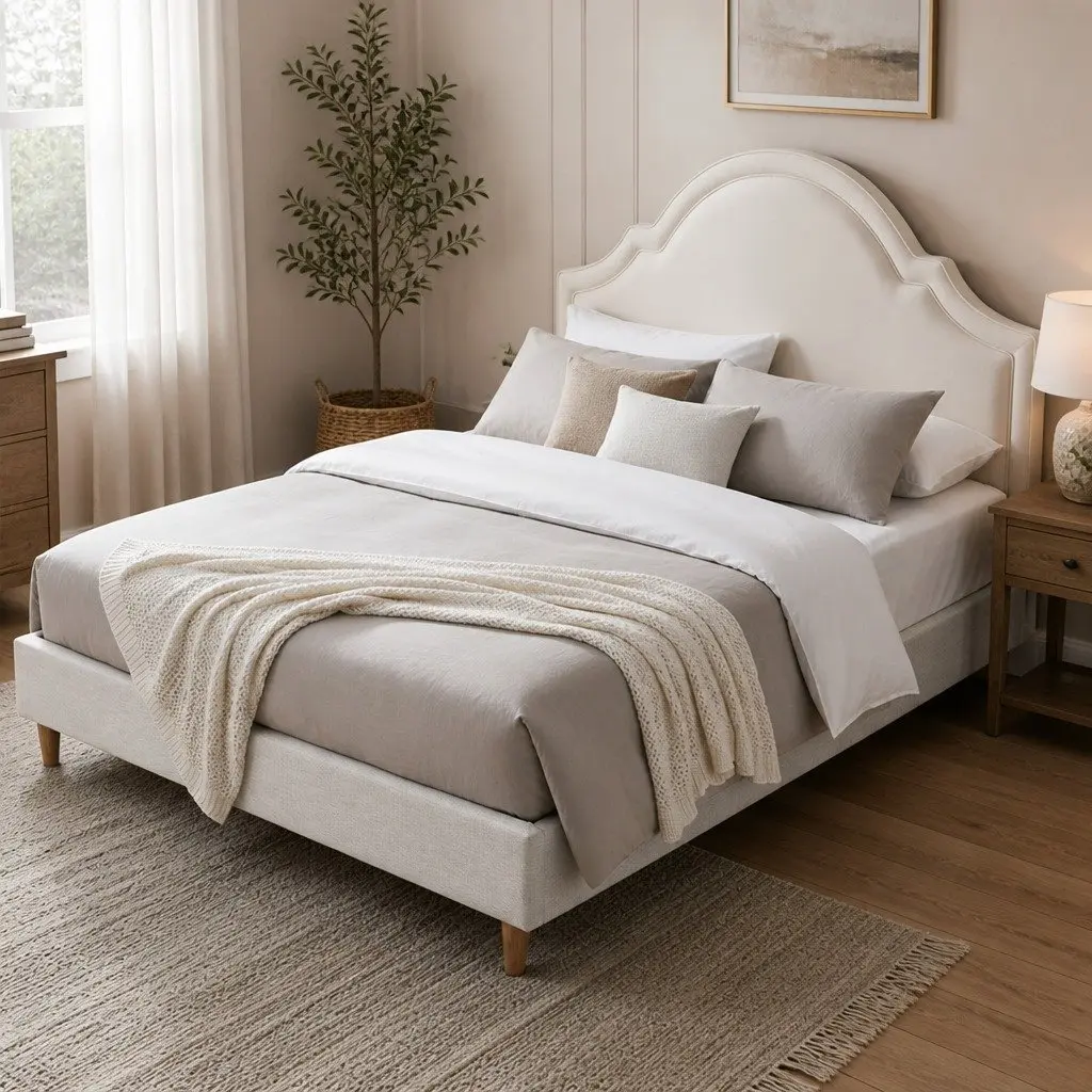 Queen Bed Frame Velvet Scalloped Headboard with Under Bed Storage Wooden Slat Platform