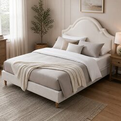 Queen Bed Frame with Storage Velvet Scalloped Headboard Wooden Slat Platform