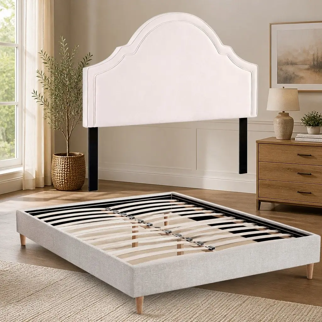 Queen Bed Frame Velvet Scalloped Headboard with Under Bed Storage Wooden Slat Platform