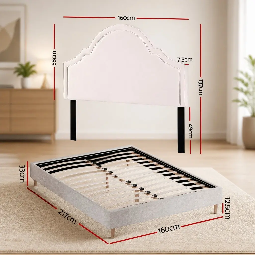 Queen Bed Frame Velvet Scalloped Headboard with Under Bed Storage Wooden Slat Platform