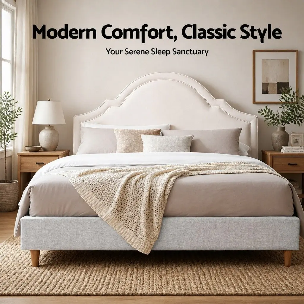 Queen Bed Frame Velvet Scalloped Headboard with Under Bed Storage Wooden Slat Platform