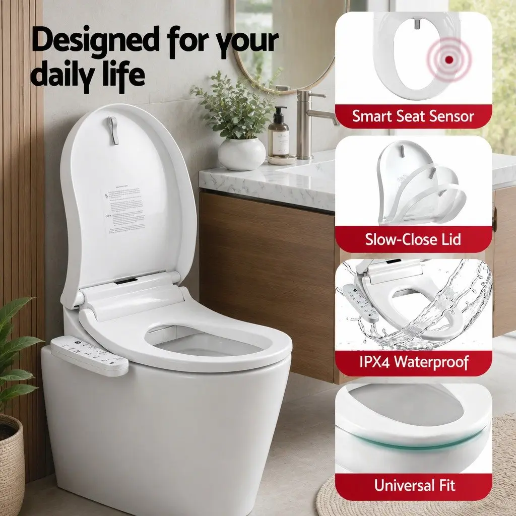 Electric Bidet Toilet Seat Heated D-Shape White with Warm Water Wash and Air Dryer