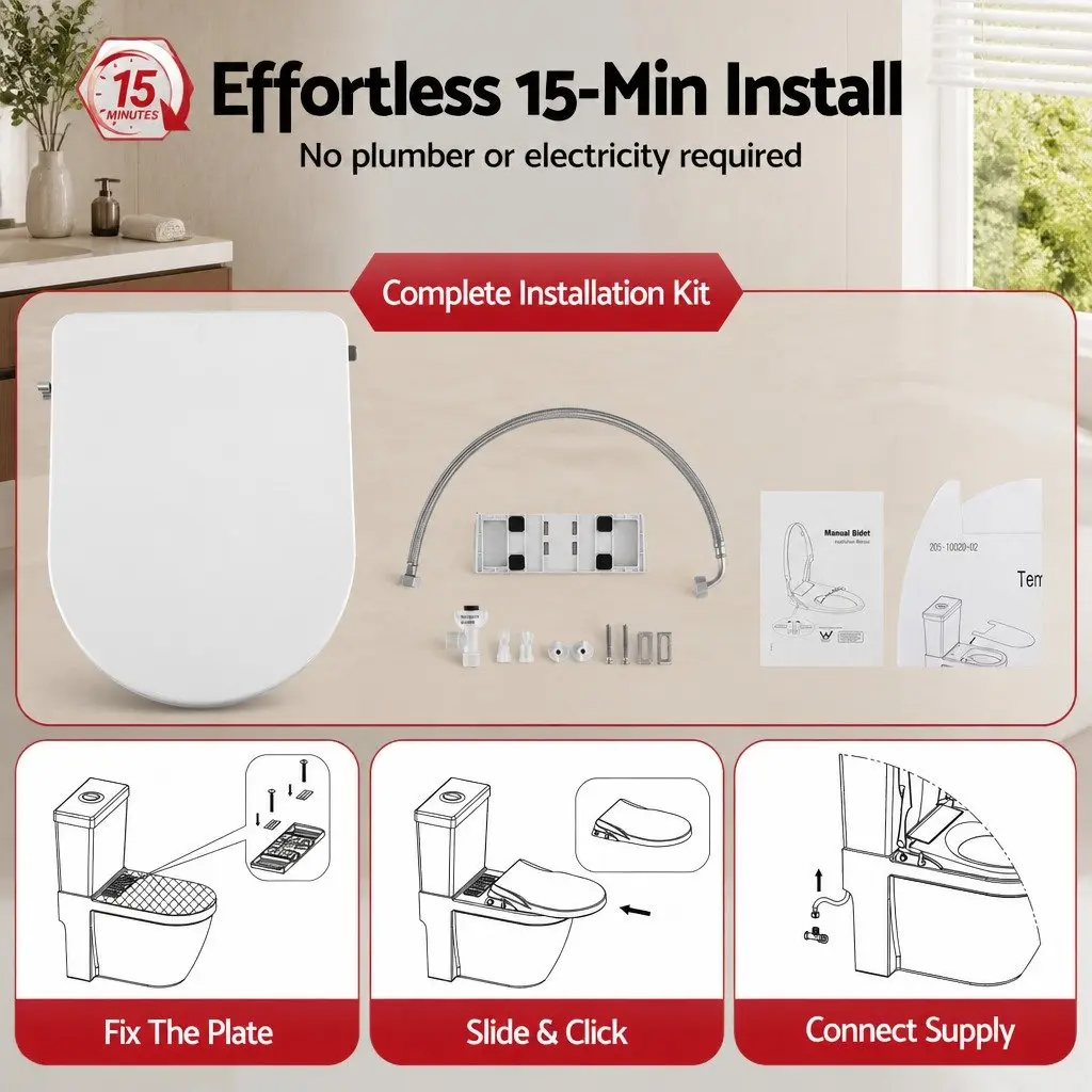 Non-Electric Bidet Toilet Seat D-Shape Dual Nozzle Soft Close Quick Release DIY
