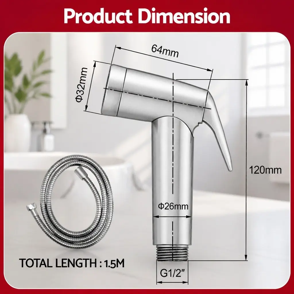 Handheld Bidet Sprayer Stainless Steel Hose 1.5m Silver