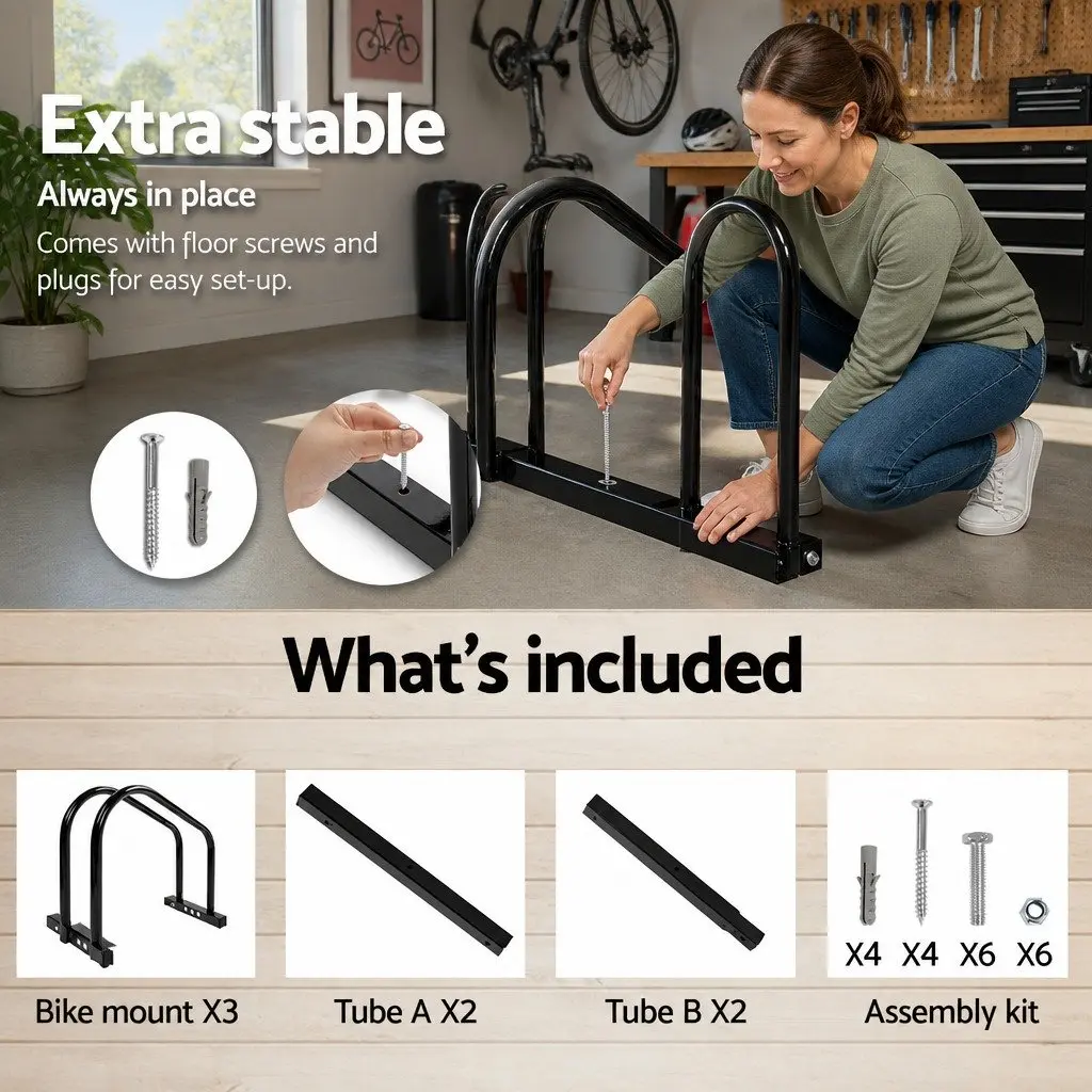 Bicycle Stand Rack Freestanding Portable Steel Storage for 3 Bikes Black