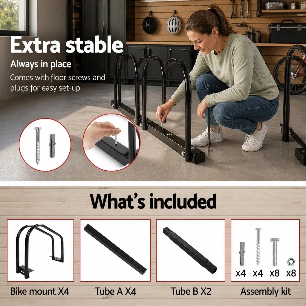 Bike Stand Rack Floor Parking Holder Storage For 4 Bicycles Cycling Black Steel
