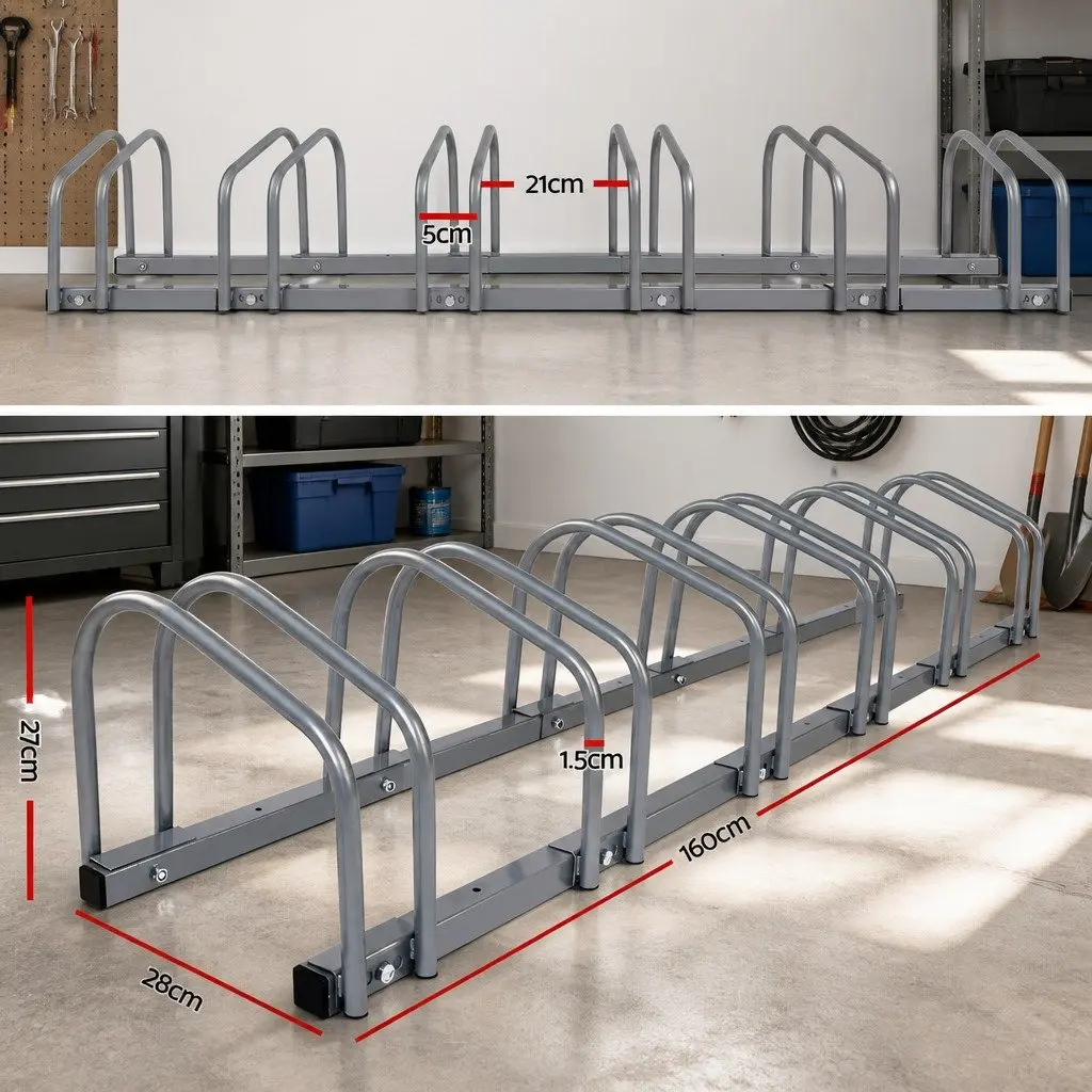 6 Bike Parking Stand Floor Rack Storage Holder Silver Steel Freestanding Bicycle