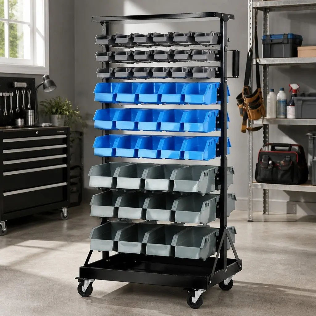 90 Bin Storage Rack Stand Double-Sided Parts Organiser 9-Tier Steel Frame with Castor Wheels