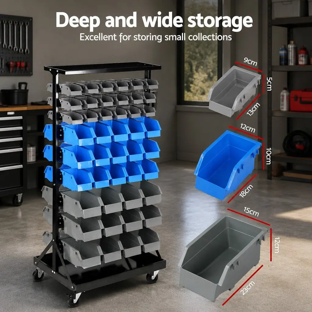 90 Bin Storage Rack Stand Double-Sided Parts Organiser 9-Tier Steel Frame with Castor Wheels