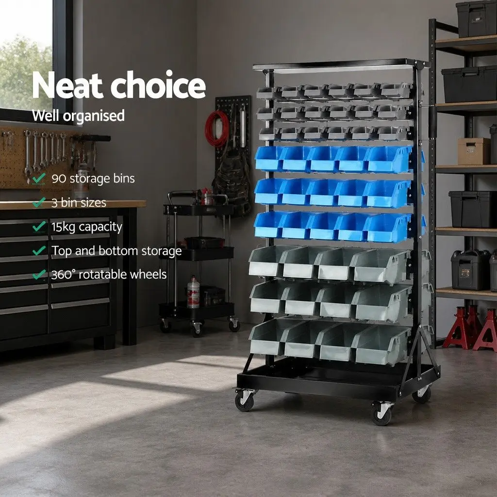 90 Bin Storage Rack Stand Double-Sided Parts Organiser 9-Tier Steel Frame with Castor Wheels