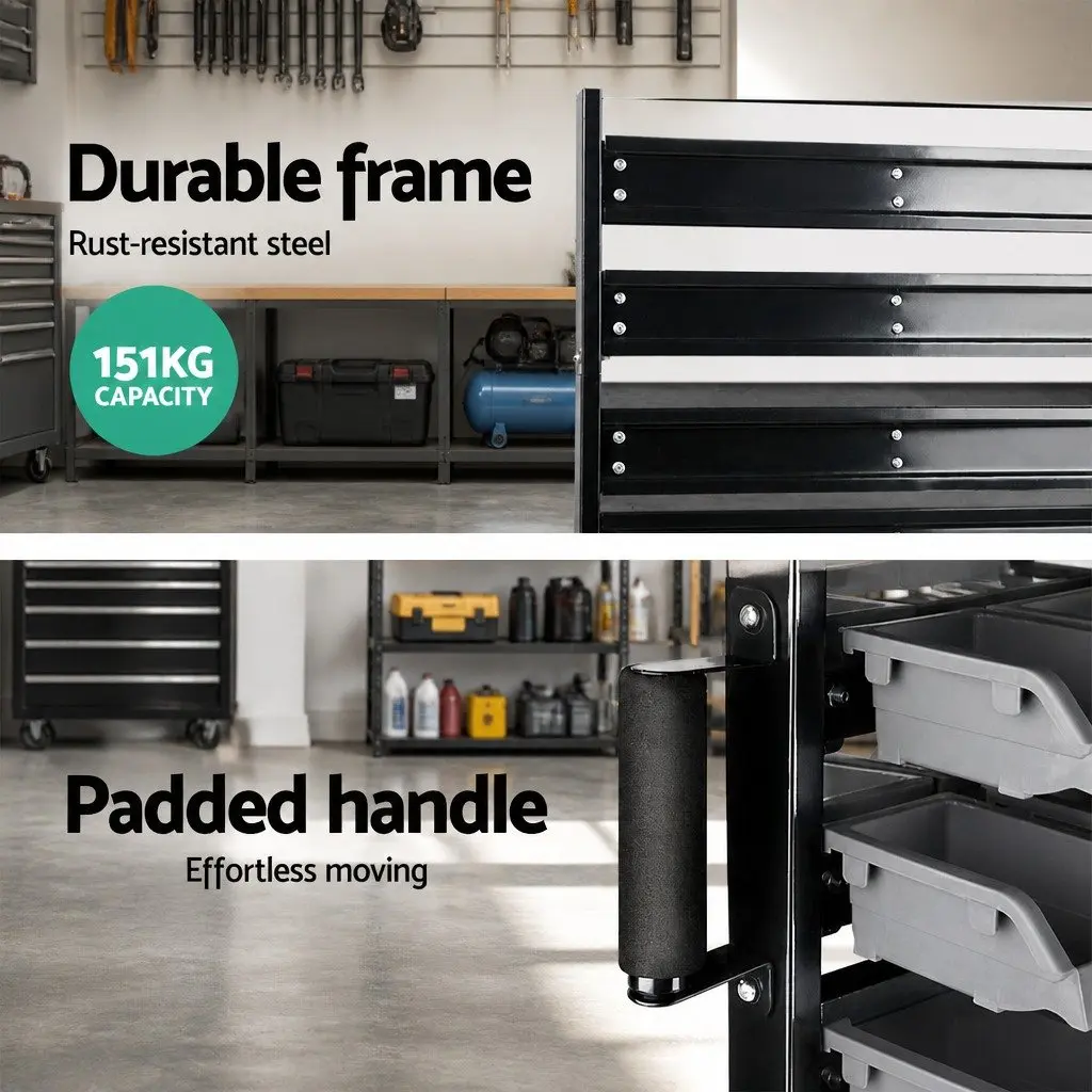 90 Bin Storage Rack Stand Double-Sided Parts Organiser 9-Tier Steel Frame with Castor Wheels