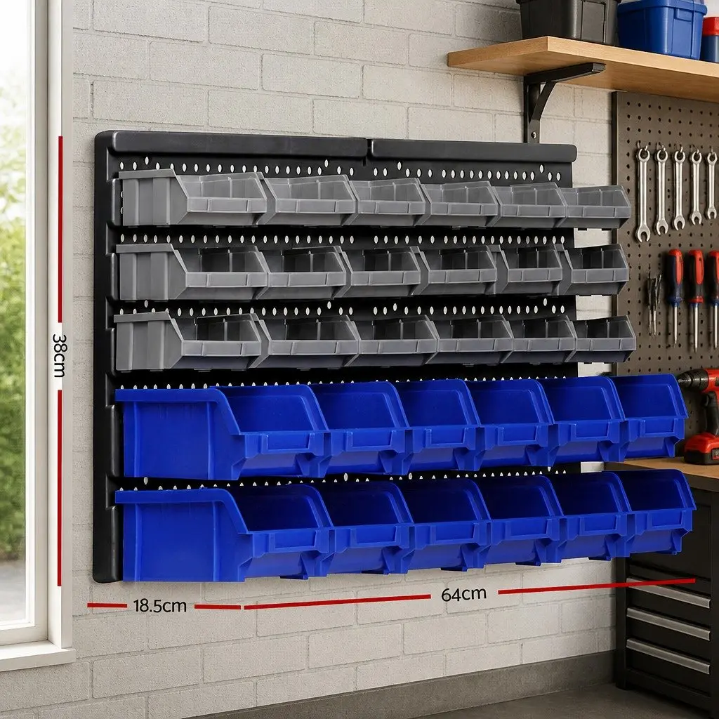 30 Bin Wall Mounted Storage Rack Organiser Tool Holder Detachable Pegboard 38 x 64cm