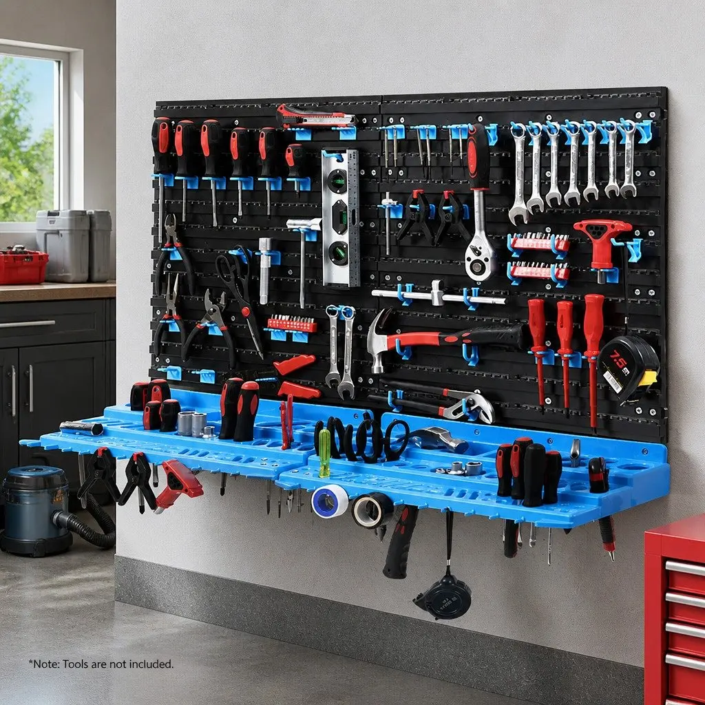 Tool Storage Rack Wall Mounted Organiser Blue Black 4 Shelves