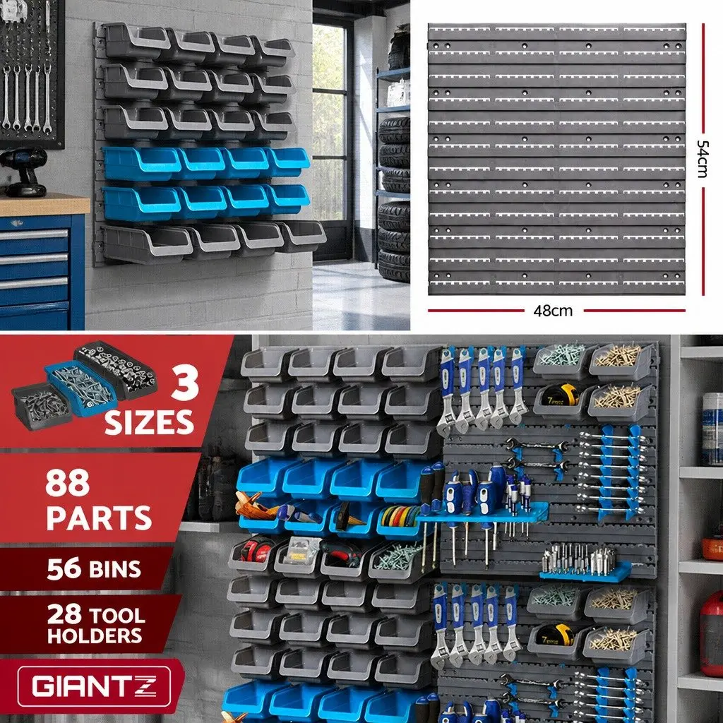 Wall Mounted Storage Bin Rack 88 Parts Tool Organiser Adjustable Pegboard System