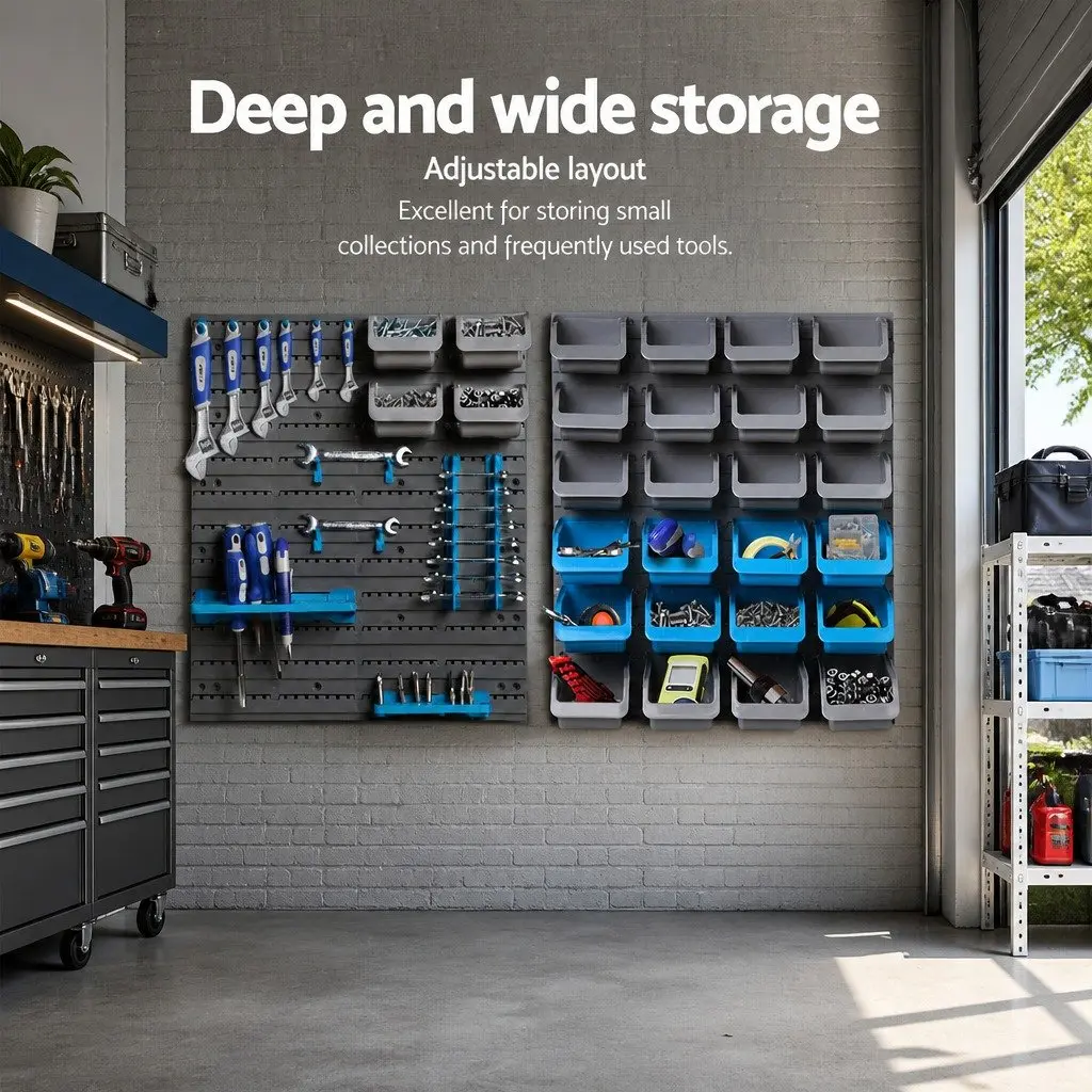 Wall Mounted Storage Bin Rack 88 Parts Tool Organiser Adjustable Pegboard System