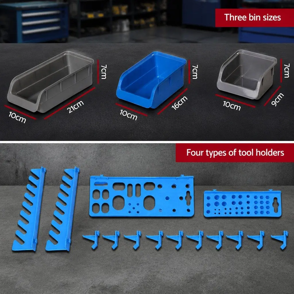 Wall Mounted Storage Bin Rack 88 Parts Tool Organiser Adjustable Pegboard System