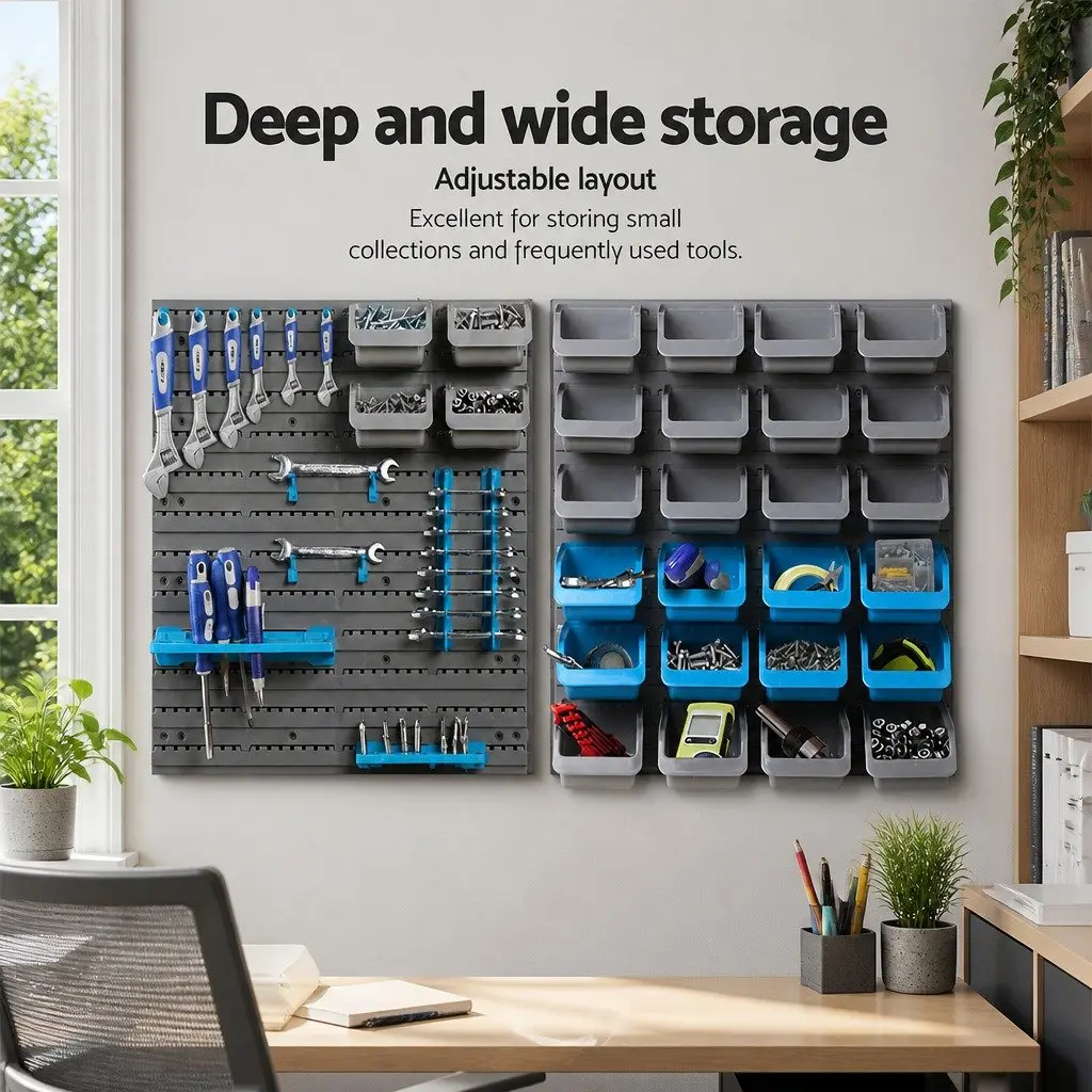 44 Piece Wall Mounted Storage Bin Rack Tool Organizer Detachable Bins Durable Peg Board Flexible Storage Solutions