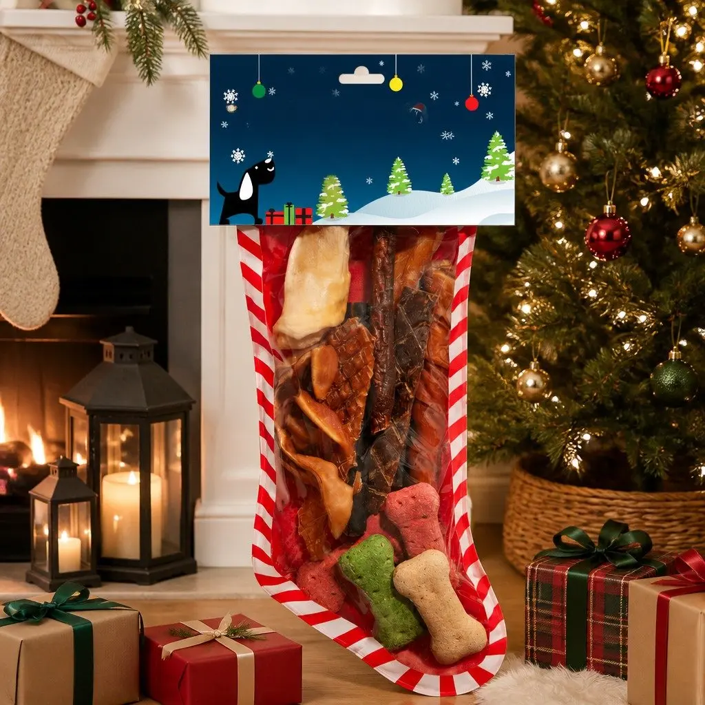 Dog Treats Christmas Stocking Assorted 15 Piece Holiday Pet Gift
