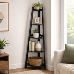 5 Tier Corner Shelf Wooden Storage Display Organiser Black Vertical Unit