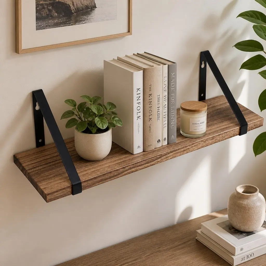 Floating Shelf Wooden Wall Storage Display Rack Natural Rustic 43cm W x 12.5cm D x 12cm H 3 Piece