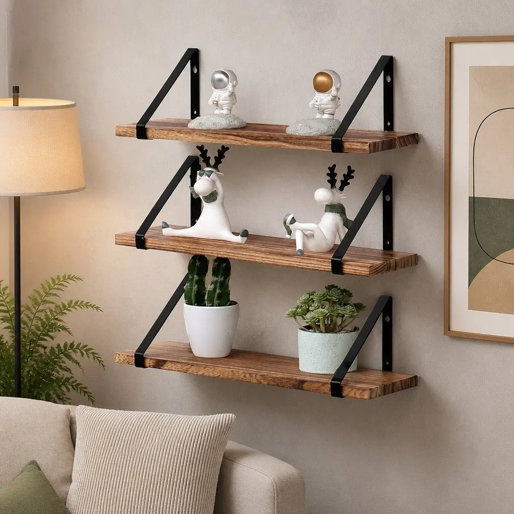 Floating Shelf Wooden Wall Storage Display Rack Natural Rustic 43cm W x 12.5cm D x 12cm H 3 Piece