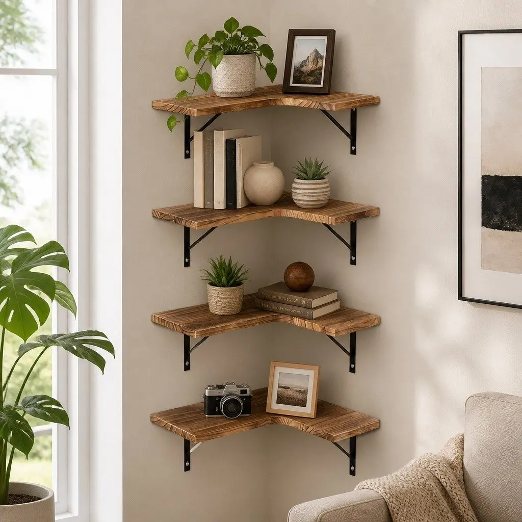 Floating Corner Shelf Wall Mounted Storage Display Unit Four Tier Wooden