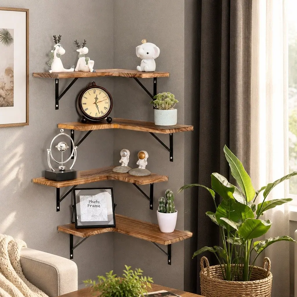 Floating Corner Shelf Wall Mounted Storage Display Unit Four Tier Wooden