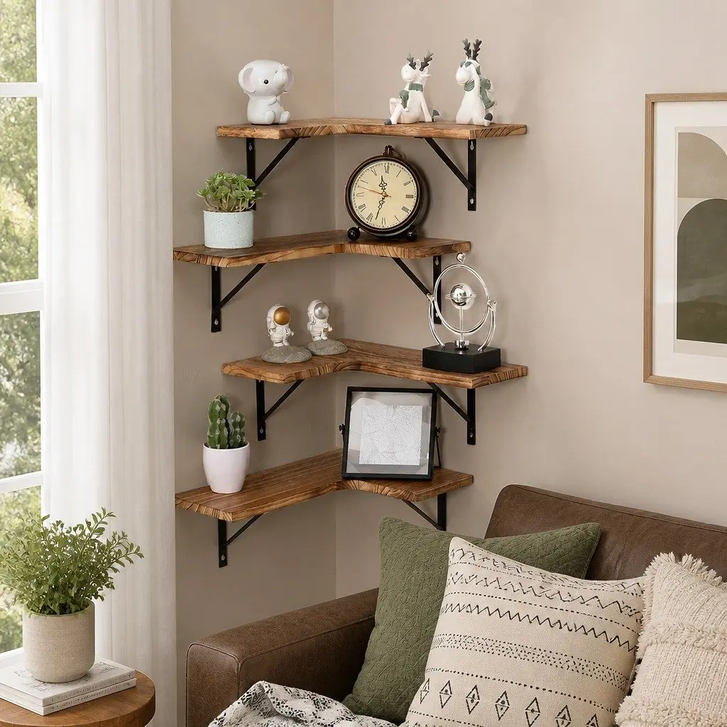 Floating Corner Shelf Wall Mounted Storage Display Unit Four Tier Wooden
