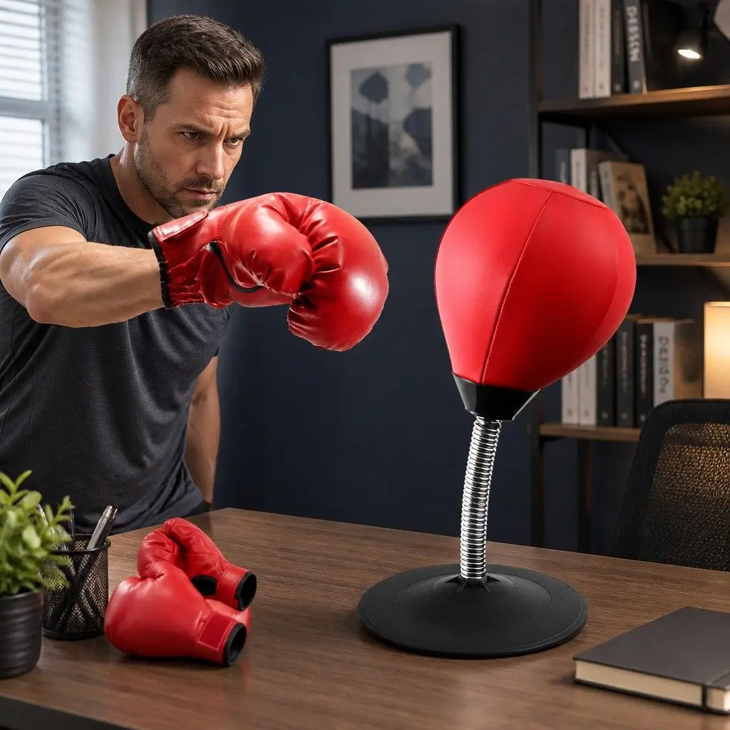 Desktop Punching Bag Stand with Speed Ball Swivel Pump Red Home Office Fitness