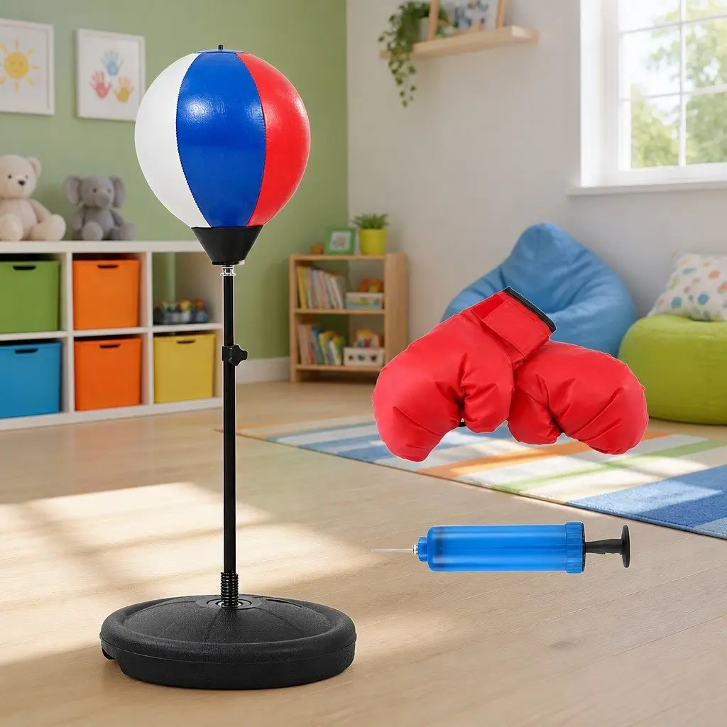 Kids Boxing Bag Stand Adjustable Height 76-112cm Freestanding with Weighted Base and Gloves Set