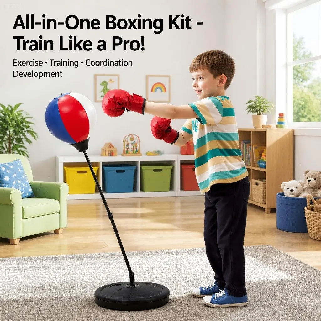 Kids Punching Bag Stand Set Adjustable 76-112cm Height with Boxing Gloves Pump