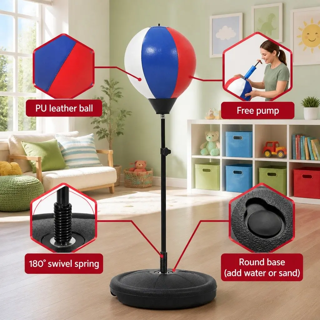 Kids Punching Bag Stand Set Adjustable 76-112cm Height with Boxing Gloves Pump