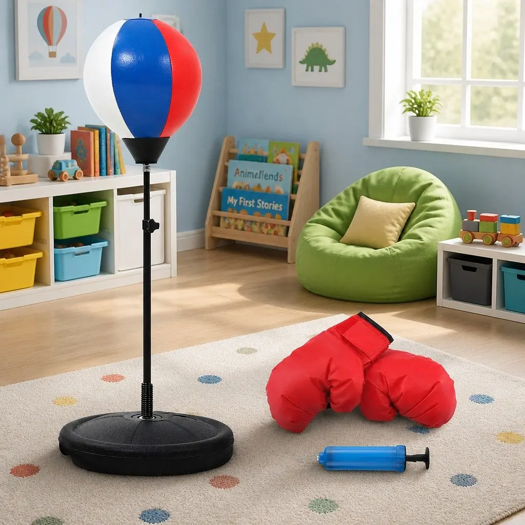 Kids Punching Bag Stand Set Adjustable 76-112cm Height with Boxing Gloves Pump