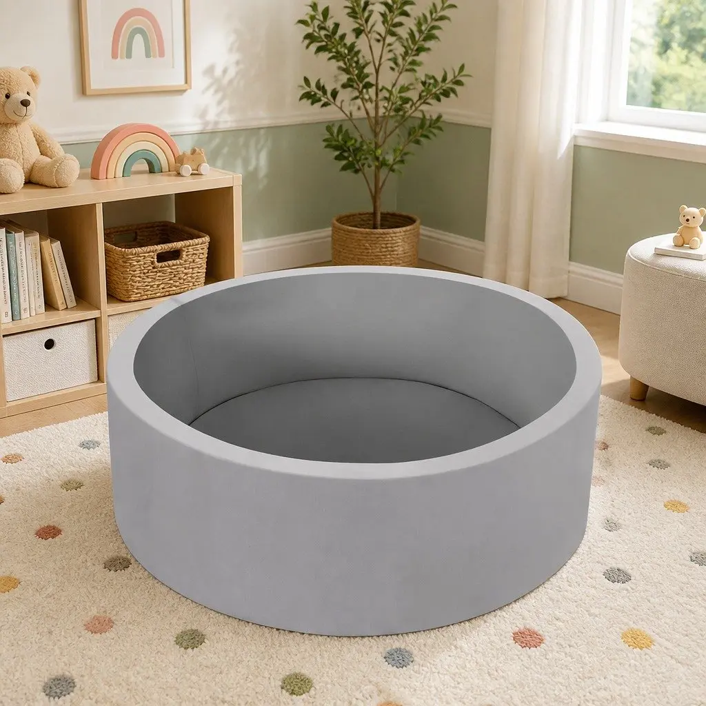 Soft Sponge Ball Pit 90cm Grey Round Playpen for Kids Safe Play Area