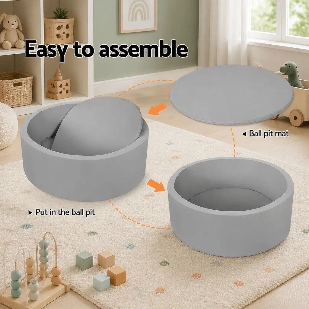 Soft Sponge Ball Pit 90cm Grey Round Playpen for Kids Safe Play Area