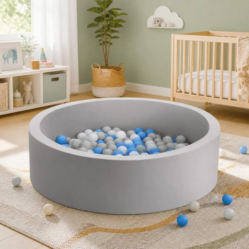 Soft Sponge Ball Pit 90cm Grey Round Playpen for Kids Safe Play Area